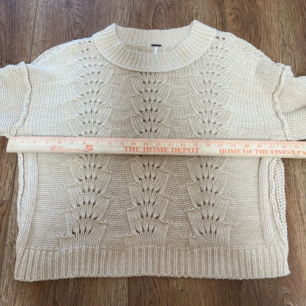Free People Cream Knit Sweater Women's L Crewneck Slight Crop Cottage Minimalist